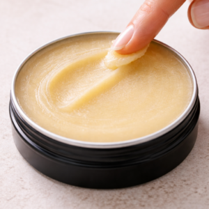 Natural ingredients used in Skin Mend Balm including beeswax, mango butter, shea butter, and nourishing oils
